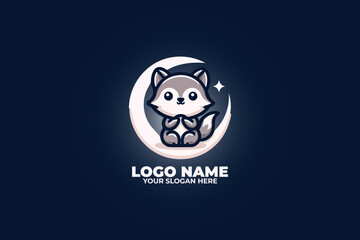 adorable wolf sitting or howling at a crescent moon