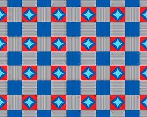 Fototapeta premium Geometric shapes are arranged in a seamless pattern, highlighting vibrant blue, red, and white colors in a grid design that captivates attention