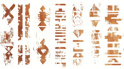 Fototapeta premium The image showcases a collection of various abstract geometric patterns. The patterns are primarily composed of vertical and horizontal lines, shapes, and symbols in shades of copper and gold. The