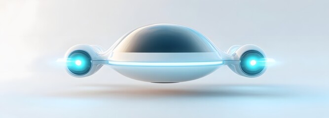A sci-fi hovercar with a futuristic levitation system, glowing blue thrusters, and a polished silver finish, hovering over a white background.