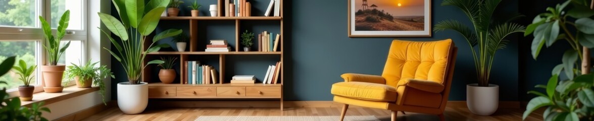 Cozy armchair with bookshelf and plants in contemporary lounge, lifestyle, comfortable