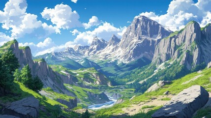 Fototapeta premium Alpine valley landscape under sunny sky