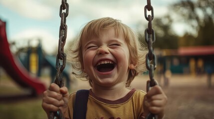 A happy child swings with pure joy and laughter outside