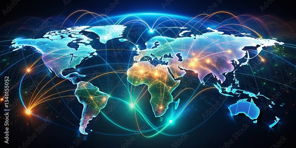 Poster global network connection: illuminated world map with long exposure light trails