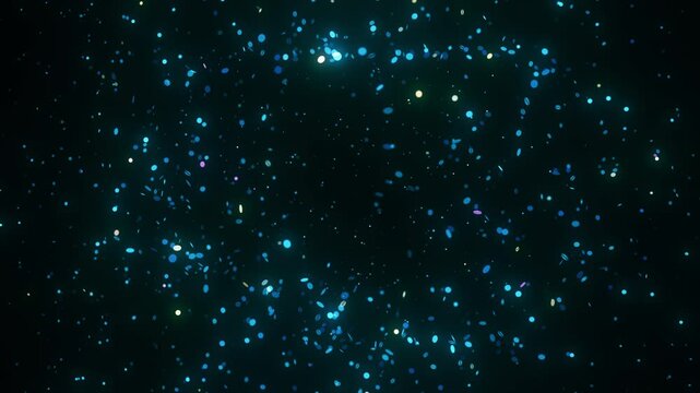 Glowing particles dynamically align to form a futuristic map of Poland. The animation features rotating perspectives and cosmic lighting, creating a mesmerizing sci-fi atmosphere.
