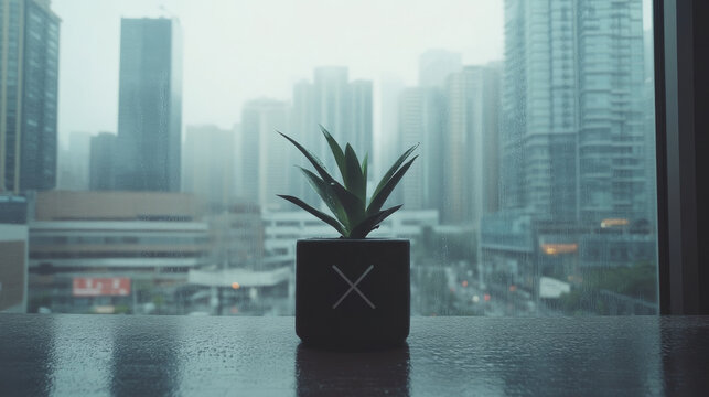 small potted plant sits on table with city skyline in background