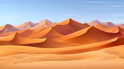 Naklejka premium A trendy isolated vector illustration of a flat design desert with rolling sand dunes under a bright blue sky.