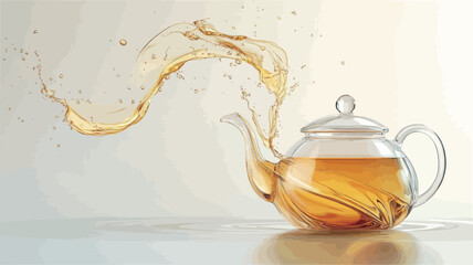 A studio shot against a white background depicts a clear glass teapot with a curved body.  The teapot contains a light amber liquid, possibly tea, with visible tea leaves. A dynamic splash of the