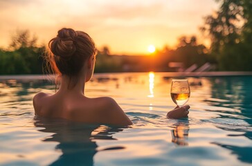 Fototapeta premium woman in the infinity swimming pool in the evening enjoying the sunset while having a wine glass or champagne glass at tropical luxury resort
