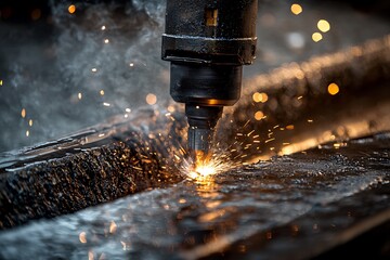Industrial welder creating bright arc flash while working on metal structure dramatic sparks against dark background with bokeh effects