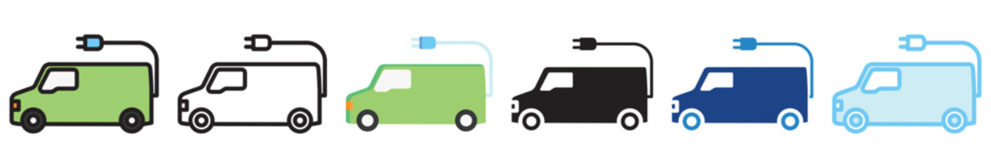 Electric Van multi style, mini illustration icon set. outline, flat, glyph, line color, UI, UX, app and web, digital or print. vector EPS 10 related to EV, electric car, transportation.