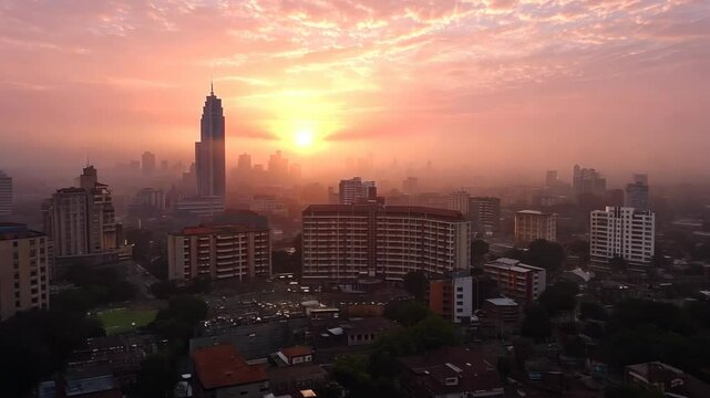 Beautiful sunset over a bustling city skyline with modern buildings and soft clouds illuminating the horizon in Nairobi