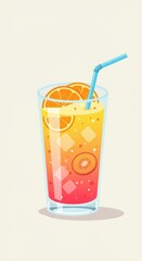 Refreshing citrus kiwi drink with ice cubes in tall glass with straw