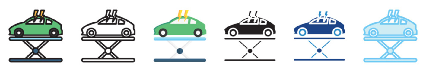 Maintenance multi style, mini illustration icon set. outline, flat, glyph, line color, UI, UX, app and web, digital or print. vector EPS 10 related to EV, electric car, transportation.