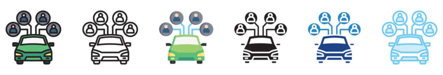 Vehicle Sharing multi style, mini illustration icon set. outline, flat, glyph, line color, UI, UX, app and web, digital or print. vector EPS 10 related to EV, electric car, transportation.