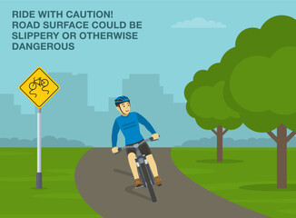 Safe driving tips and traffic regulation rules. United States "bicycle slippery when wet" road sign meaning. Front view of a scared cyclist is about to fall on the ground. Flat vector illustration.