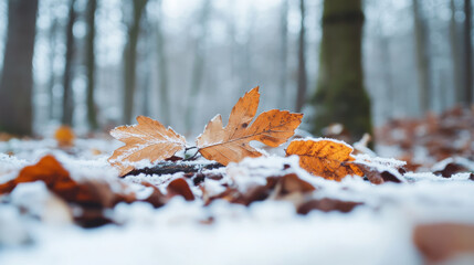 Fallen leaves covered in snow create serene winter scene in forest