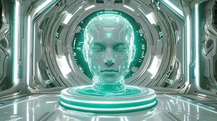 Futuristic AI head in a sci-fi lab setting.
