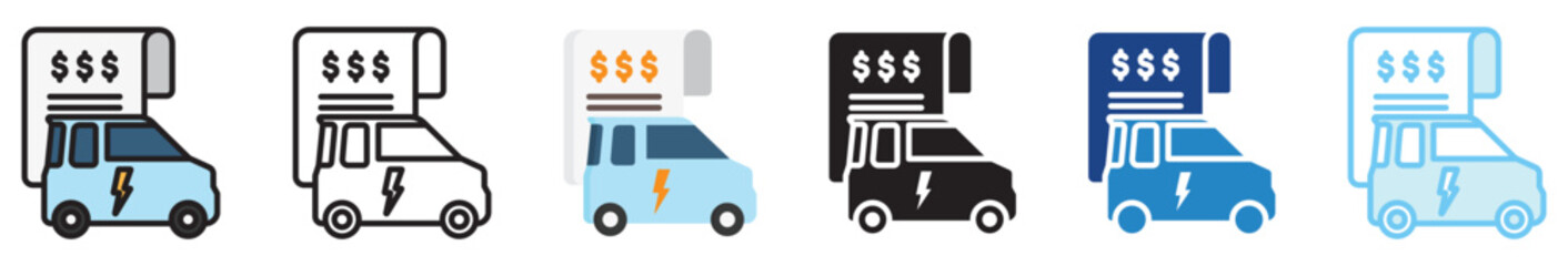 Financing multi style, mini illustration icon set. outline, flat, glyph, line color, UI, UX, app and web, digital or print. vector EPS 10 related to EV, electric car, transportation.