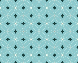 Fototapeta premium This design showcases an intricate, seamless geometric pattern with overlapping circles and diamond shapes on a soothing blue backdrop