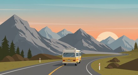 Serene mountain road trip at sunset featuring camper van and scenic landscape