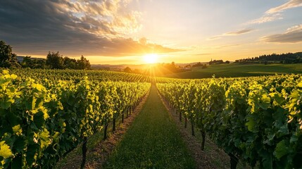 Naklejka premium Stunning Vineyard Landscape at Sunset with Golden Sun Rays