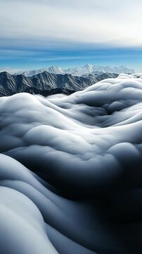 Rolling clouds over mountain landscape, rolling clouds covering peaks, rolling clouds in atmospheric sky.