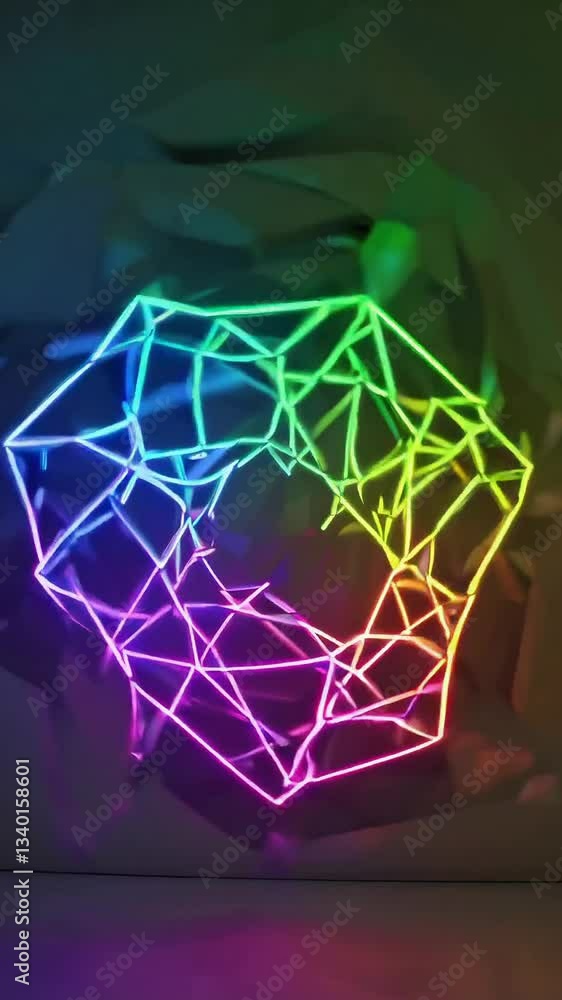 Poster dynamic flow of neon geometric shapes transitioning across colorful background