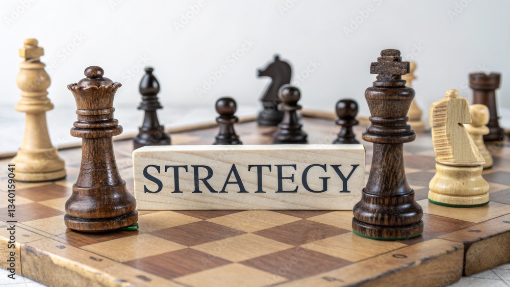 Poster chess board displaying strategic pieces with the word strategy highlighted as a key to winning the g