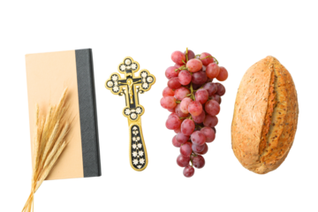 PNG, Eucharist, book, bread, grapes, cross and wheat ears, isolated on white background