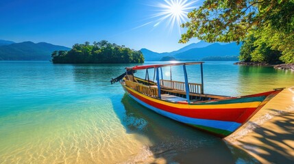 Obraz premium Colorful boat on tropical beach at sunny lagoon