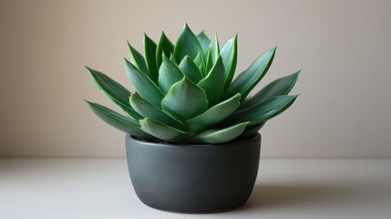 Succulent plant in black pot with a neutral background, minimal design. Use as nature background or for organic product presentation.