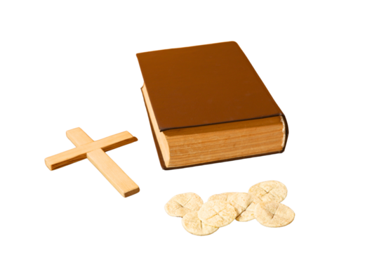 PNG, Eucharist, wooden cross with book and host plate, isolated on white background - Powered by Adobe