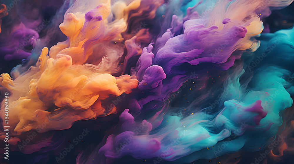 Poster vibrant colors of paint swirling together to represent the dynamics of galaxies in motion creating a