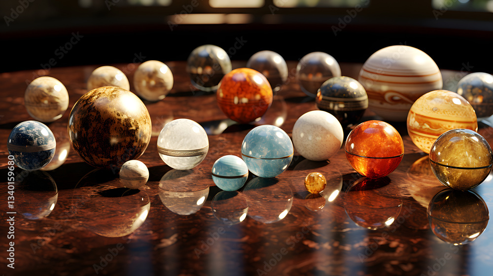 Aufkleber colorful collection of marbles on a table symbolizing the dynamics of minor planets and their intera