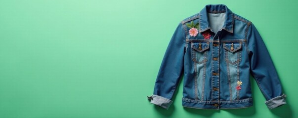 Worn denim jacket with floral embroidery on a muted green background, grunge textures, retro clothing