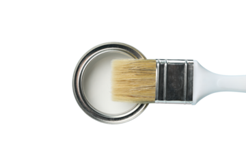 PNG, Paint, white paint in a metal can with a brush, top view, isolated on a white background