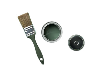 PNG, Paint, paint in a metal can with a brush, top view, isolated on a white background
