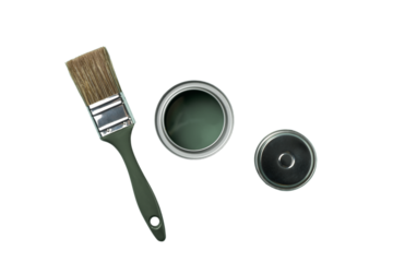 PNG, Paint, paint in a metal can with a brush, top view, isolated on a white background