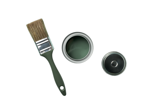 PNG, Paint, paint in a metal can with a brush, top view, isolated on a white background