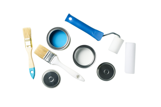 PNG, Paint, cans of paint and painting tools, top view, isolated on white background