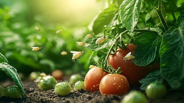 Close up view of a group of whiteflies covering the underside of tomato leaves their small wings fluttering as they feed on the plant  This image provides copy space for text or graphic overlay