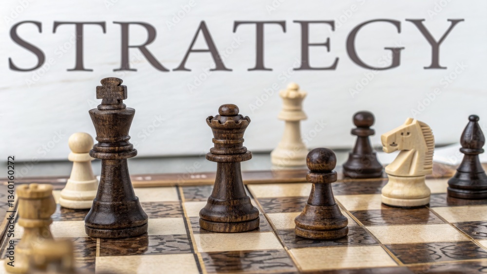 Poster a strategic chessboard in the middle of an intense game with the word strategy displayed prominently