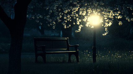 serene park scene featuring bench under flowering tree illuminated by street lamp