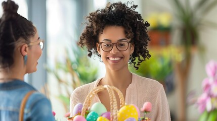 A professional woman receiving a surprise Easter basket from a coworker, smiling brightly