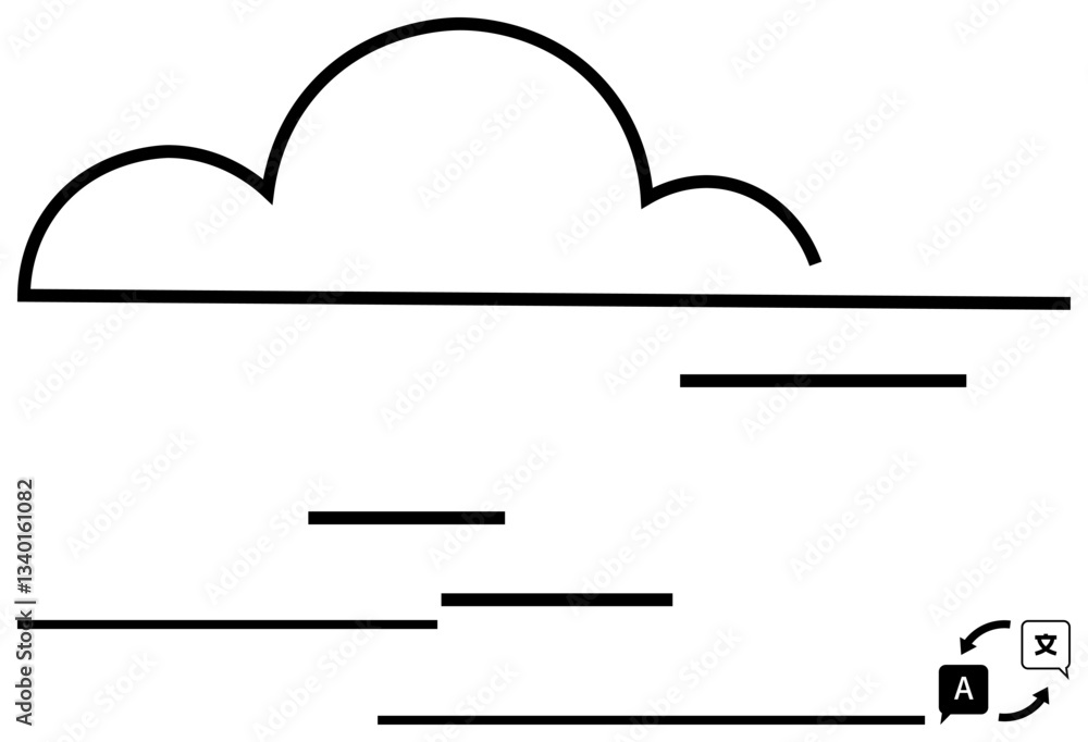 Poster cloud over horizontal lines symbolizing data or text storage, with translation icons. ideal for data