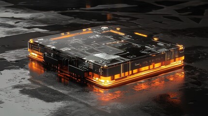 Futuristic illuminated tech component on dark reflective surface.