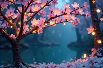 Fototapeta premium Whimsical tree branches adorned with delicate flowers and sparkling fairy lights, fairy lights, flowers