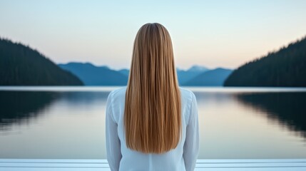 Person with long hair standing by calm lake at dawn or dusk