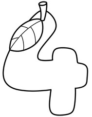 Outline doodle cartoon number 4, mango number for kids, worksheet 